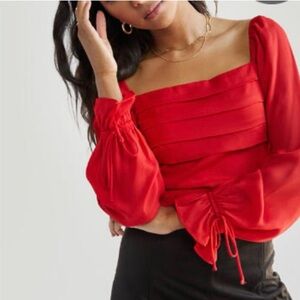 miami- Red Square-Neck Pleated Peasant Blouse Size M